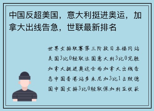 中国反超美国，意大利挺进奥运，加拿大出线告急，世联最新排名